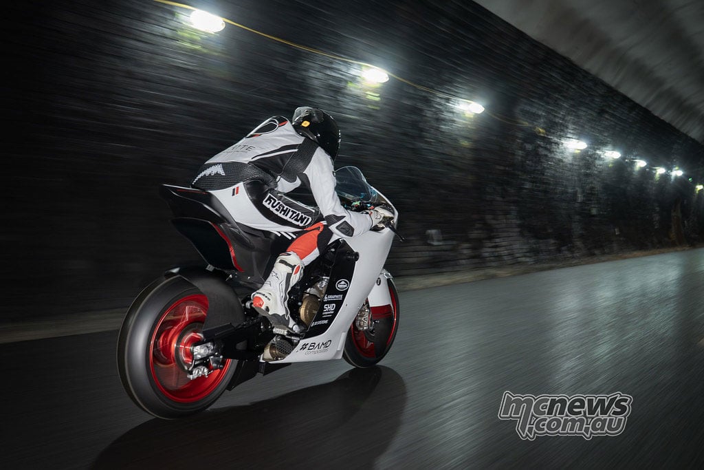Rear three-quarter view of the Mono RR and rider in Catesby Tunnel, with the outlet beneath the seat.