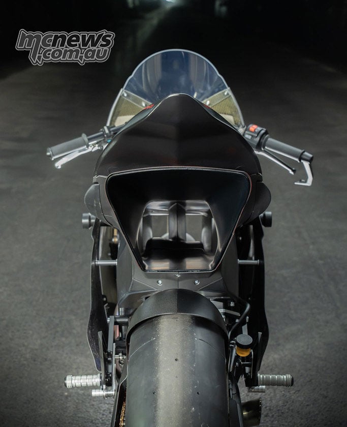 Rear view of the Mono RR showing the large rectangular duct outlet above the rear tyre.