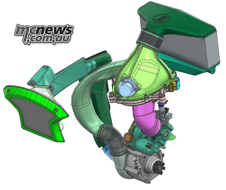 CAD model of the Mono RR engine air supply, including filter housing, curved pipework, supercharger, intercooler and plenum.