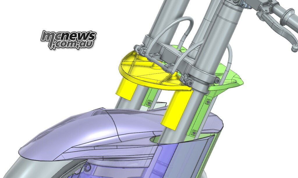 CAD detail of the front wheel, mudguard, yellow fork shrouds and central steering-clearance panel.