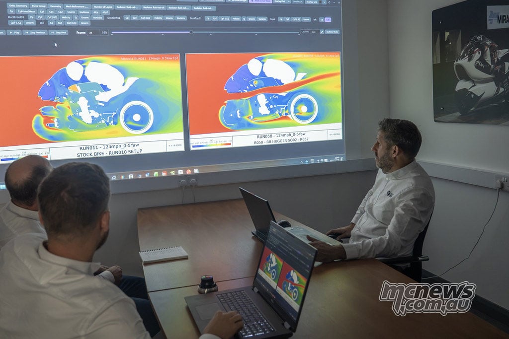 Three WMC engineers reviewing computer-generated aerodynamic results on a large screen.