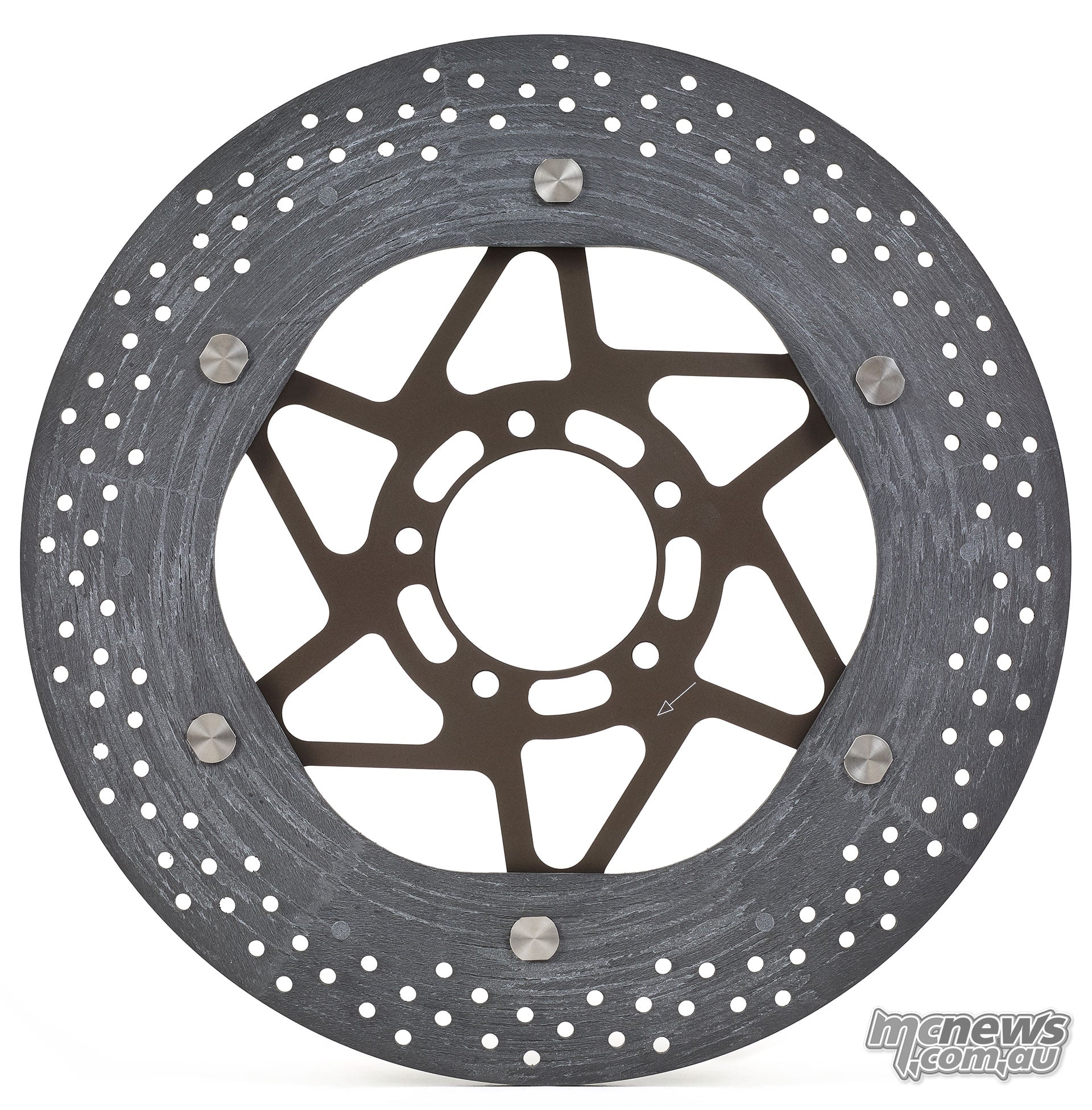 Full view of a Brembo Hyction disc showing the drilled braking ring, six attachment points and cut-out carrier.