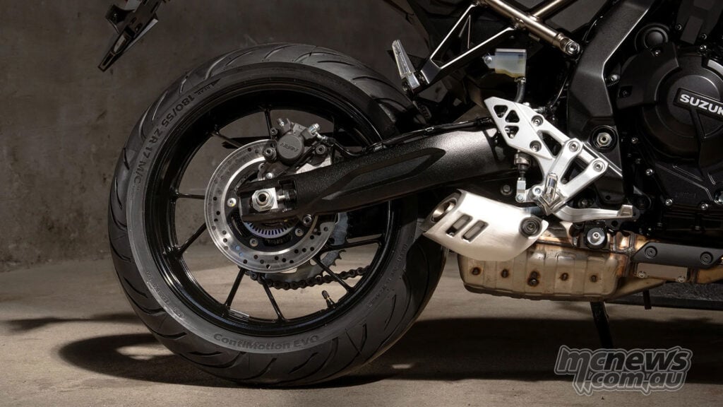 Alt text: Rear Continental ContiMotion EVO tyre fitted to a Suzuki motorcycle