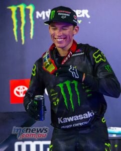 Austin Forkner took the overall win at Glendale - Image by Hoppenworld AMA SX Rnd Glendale Forkner Podium SX PHX Kardy