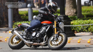 The Z900RS SE still looks old-school, but the 2026 update finally brings the rider aids and throttle refinement expected at this price point. 2026 Kawasaki Z900RS SE being ridden through a corner during MCNews road test