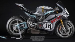 Ducati Panigale V4 S 100 Collection special in glitter silver 750 Imola Desmo-inspired livery, shown in full side profile.
