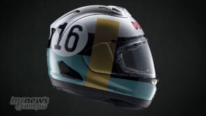 Matching silver Ducati helmet with number 16 and gold stripe, finished to match the Panigale V4 S 100 anniversary model.