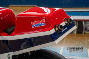 Close-up of HRC tail section and twin exhaust outlets on Honda CB750 Hornet Last Lap custom