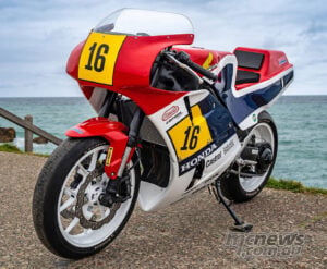 Front three-quarter view of Honda CB750 Hornet Last Lap custom with number 16 race fairing