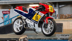 Side view of Honda CB750 Hornet Last Lap race-replica custom indoors