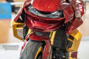 Close-up of Honda CB750 Hornet Concept 2077 front fairing and headlight bodywork