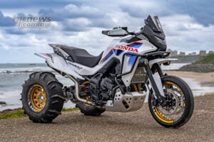 Honda XL750 Transalp ATC750 custom three-wheeler by Anquety Motor Sport beside the coast
