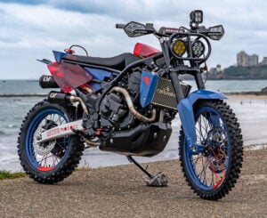 Honda XL750 Transalp Ruth custom by Reier Motors with off-road tyres, auxiliary lights and blue bodywork