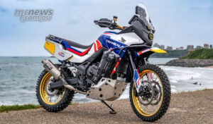 Honda XL750 Transalp Saharja custom by Honda Italy and DRS Custom parked beside the coast