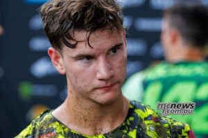 Close-up of Cole Davies without his helmet after Race Two at Columbus, with damp hair and mud still on his neck.