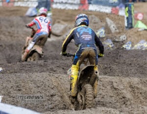 Ken Roczen follows Hunter Lawrence through the mud, but their Race One results told very different stories: second for Roczen and 21st for Lawrence after repeated trouble.