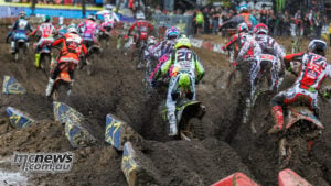 Jordon Smith, Mikkel Haarup and Dylan Ferrandis ride through flying mud among the 450 pack at Columbus.
