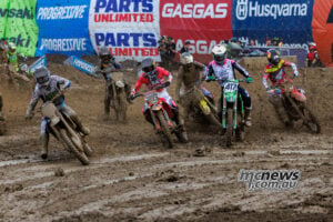 Haiden Deegan, Jorge Prado and Cornelius Tøndel accelerate away from the opening corner in 450 race two.