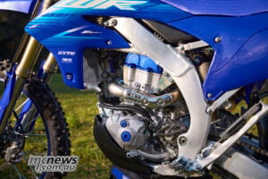 The aluminium bilateral-beam frame is new for 2027, with Yamaha concentrating on its rigidity and flex balance rather than dramatically altering the familiar WR450F geometry. 2027 Yamaha WR450F aluminium bilateral-beam frame and engine viewed from the left side