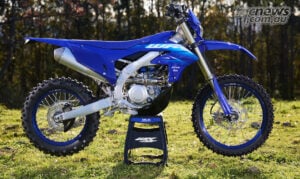 Yamaha quotes the 2027 WR450F at 116 kg wet with a full 7.4-litre tank when configured in off-road competition specification. 2027 Yamaha WR450F left-side profile in off-road competition trim