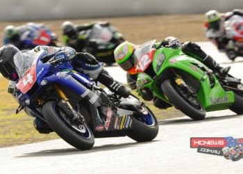 Glenn Allerton leads Matt Walters and Troy Herfoss at Queensland Raceway