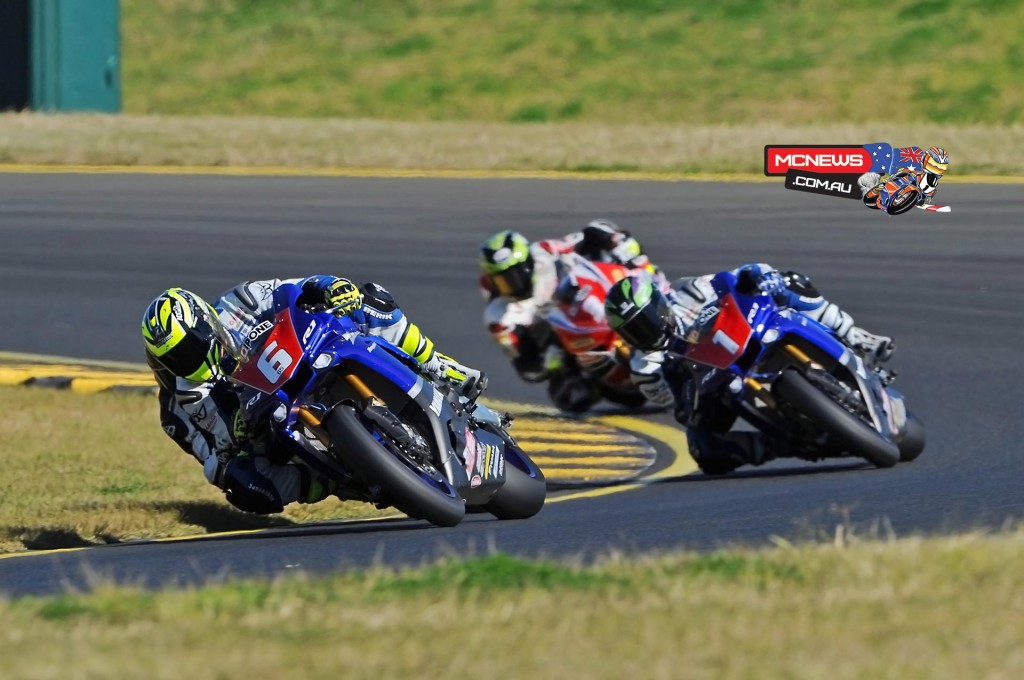 Cru Halliday leads Wayne Maxwell and Troy Herfoss at Sydney Motorsports Park during round three of the Swann Australasian Superbike Championship