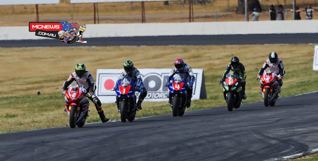 Troy Herfoss leads Wayne Maxwell and Glenn Allerton into turn one at Winton