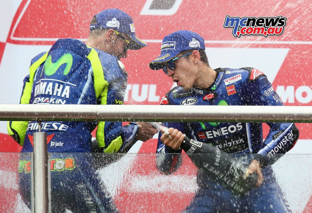 Valentino Rossi got to share some of the champagne with victor Vinales in Argentina