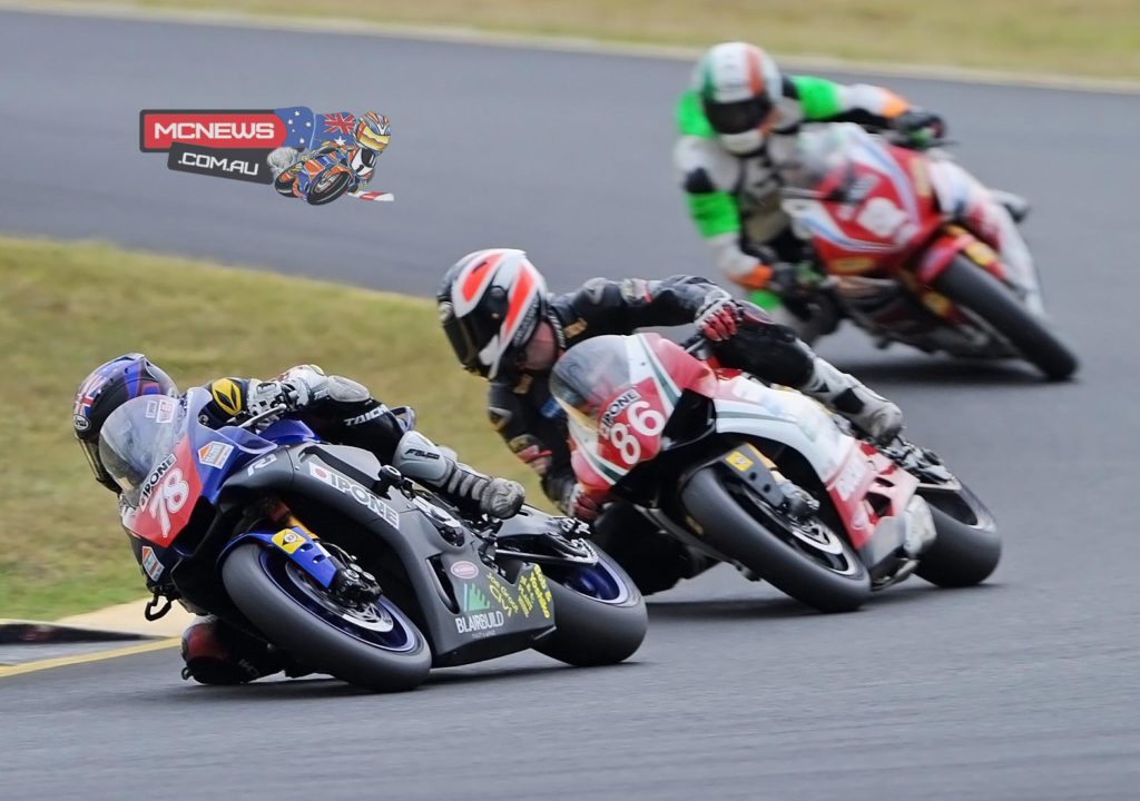 Michael Blair leads Beau Beaton and Paul Byrne at the 2016 Swann Superbike series opener